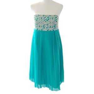 Lilly Pulitzer silky Strapless Pleated Cocktail Dress w/ Gold Embroidery size 8